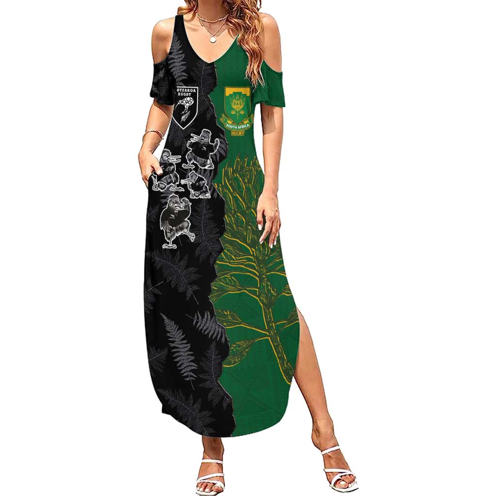Custom Aotearoa South Africa Rugby Freedom Cup Family Matching Summer Maxi Dress and Hawaiian Shirt Kiwi Warriors Haka with King Protea Symbol - Polynesian Pride