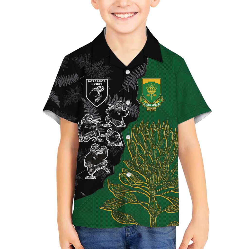 Custom Aotearoa South Africa Rugby Freedom Cup Family Matching Summer Maxi Dress and Hawaiian Shirt Kiwi Warriors Haka with King Protea Symbol - Polynesian Pride