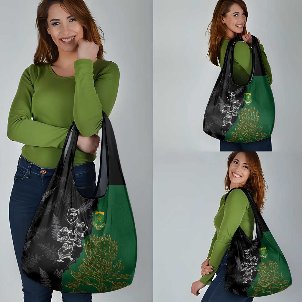 Aotearoa South Africa Rugby Freedom Cup Grocery Bag Kiwi Warriors Haka with King Protea Symbol - Polynesian Pride