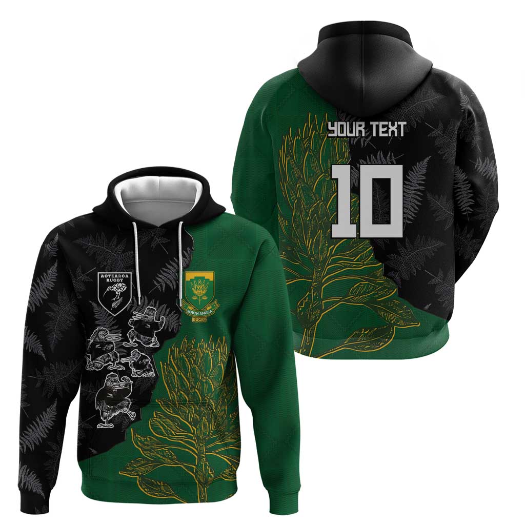 Custom Aotearoa South Africa Rugby Freedom Cup Hoodie Kiwi Warriors Haka with King Protea Symbol - Polynesian Pride