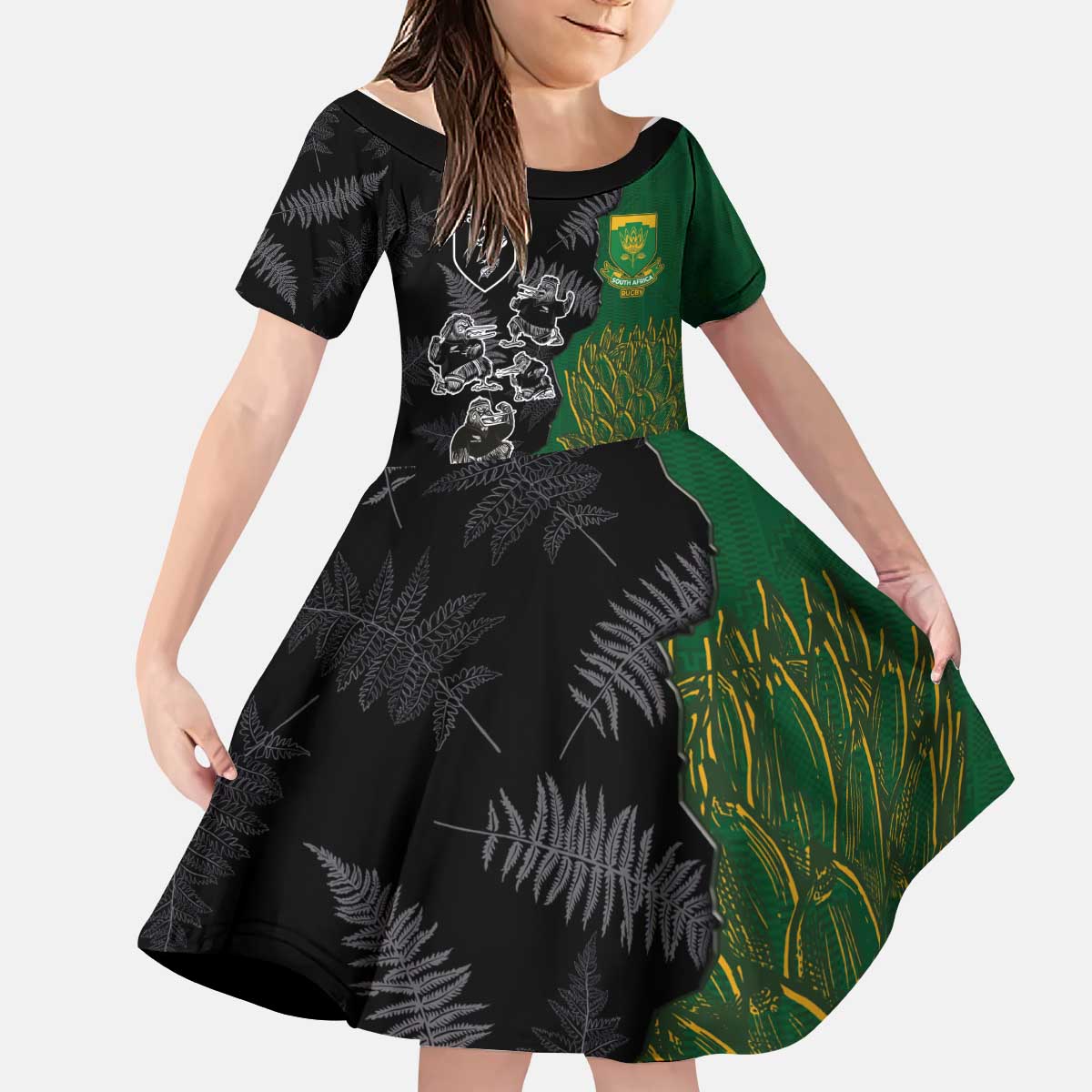 Custom Aotearoa South Africa Rugby Freedom Cup Kid Short Sleeve Dress Kiwi Warriors Haka with King Protea Symbol LT03 KID Green - Polynesian Pride