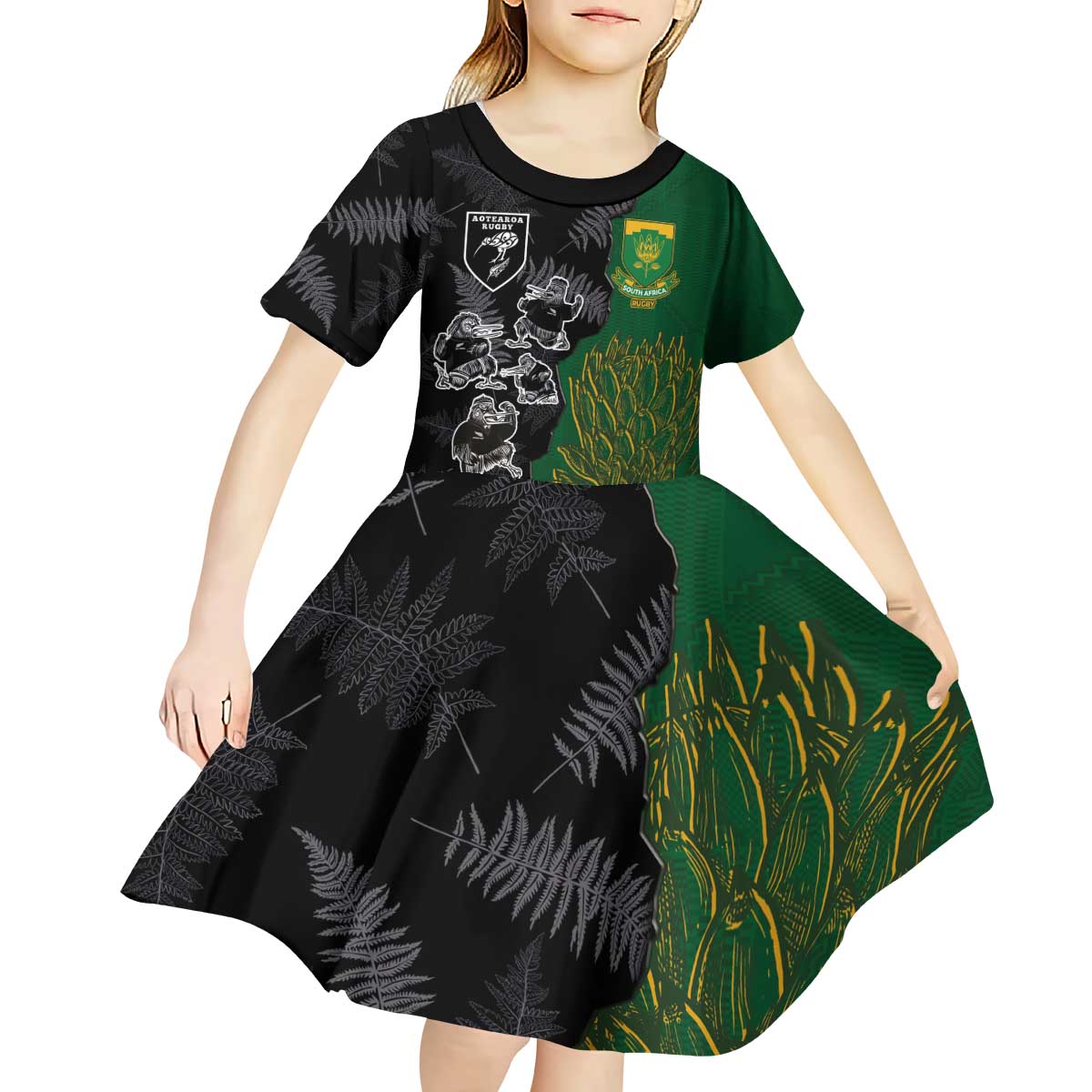 Custom Aotearoa South Africa Rugby Freedom Cup Kid Short Sleeve Dress Kiwi Warriors Haka with King Protea Symbol LT03 - Polynesian Pride