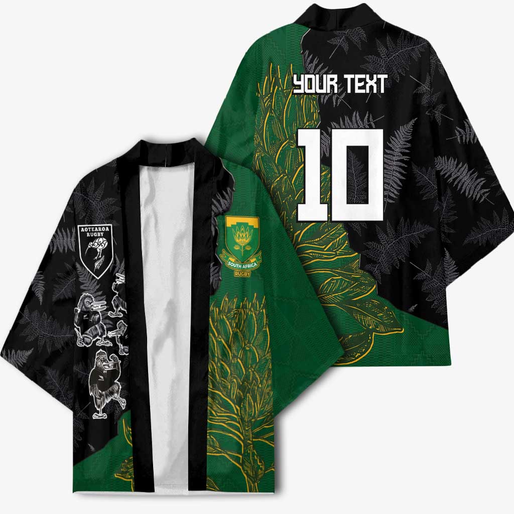 Custom Aotearoa South Africa Rugby Freedom Cup Kimono Kiwi Warriors Haka with King Protea Symbol - Polynesian Pride