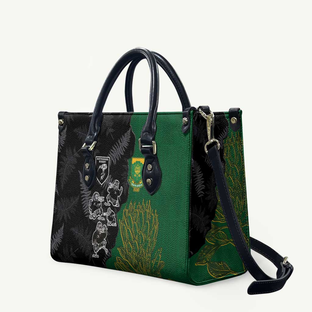 Aotearoa South Africa Rugby Freedom Cup Leather Bag Kiwi Warriors Haka with King Protea Symbol - Polynesian Pride