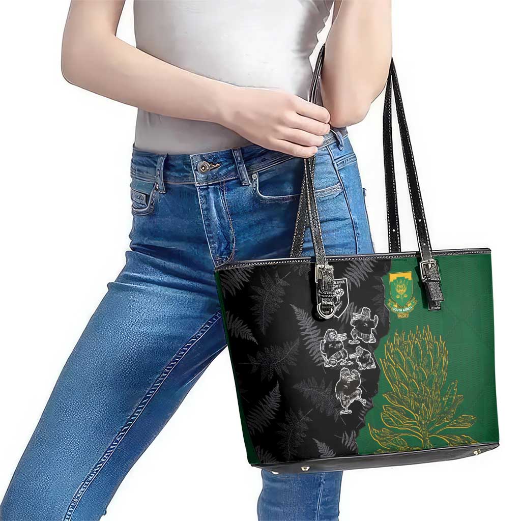 Aotearoa South Africa Rugby Freedom Cup Leather Tote Bag Kiwi Warriors Haka with King Protea Symbol - Polynesian Pride