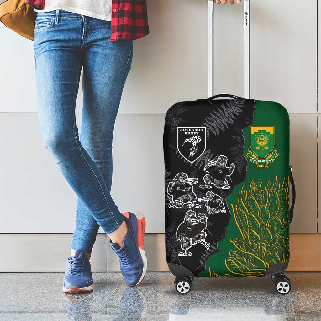 Aotearoa South Africa Rugby Freedom Cup Luggage Cover Kiwi Warriors Haka with King Protea Symbol - Polynesian Pride