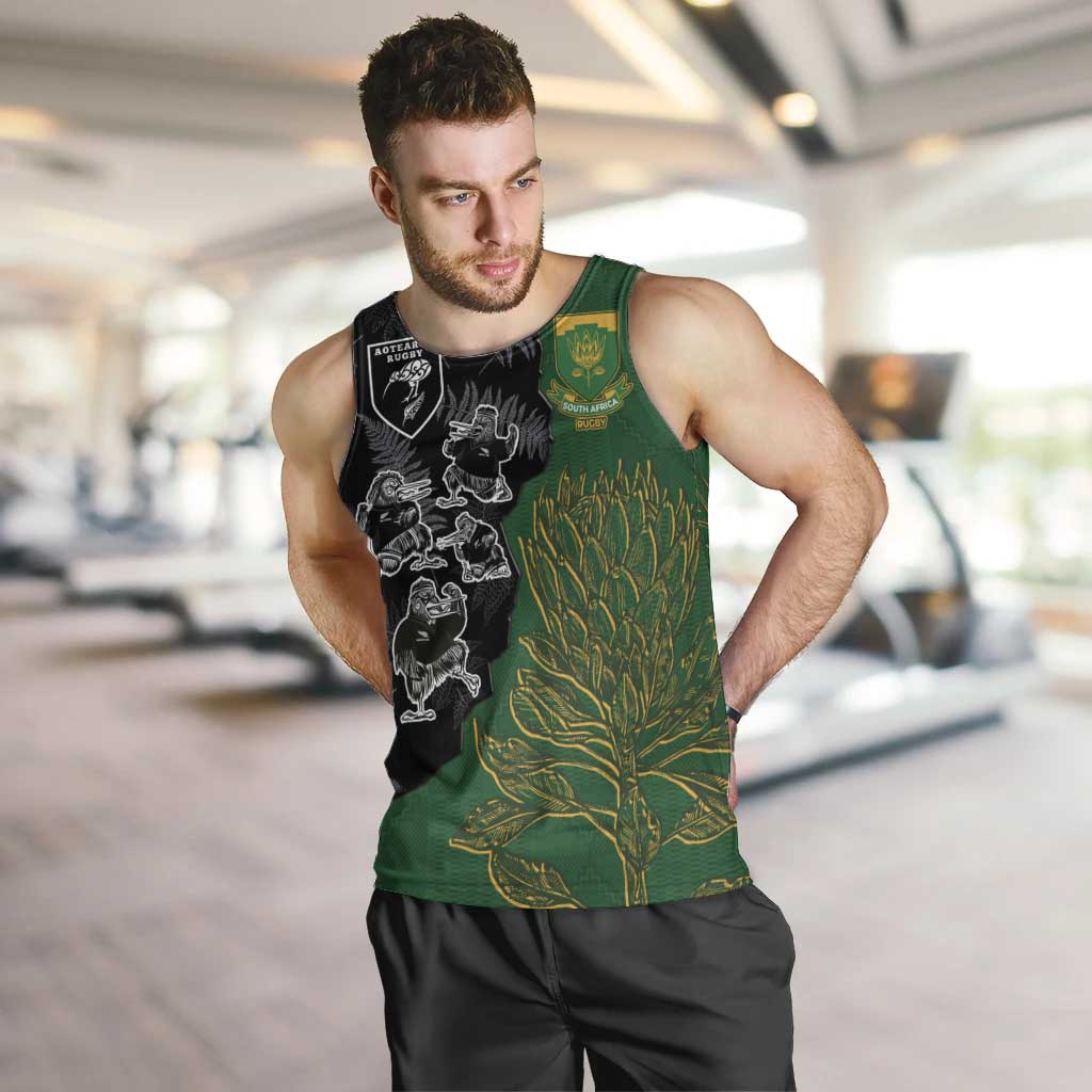 Custom Aotearoa South Africa Rugby Freedom Cup Men Tank Top Kiwi Warriors Haka with King Protea Symbol - Polynesian Pride