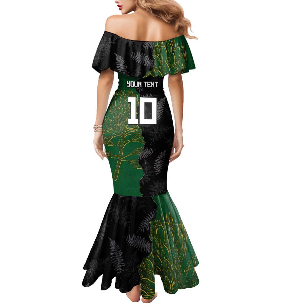 Custom Aotearoa South Africa Rugby Freedom Cup Mermaid Dress Kiwi Warriors Haka with King Protea Symbol - Polynesian Pride