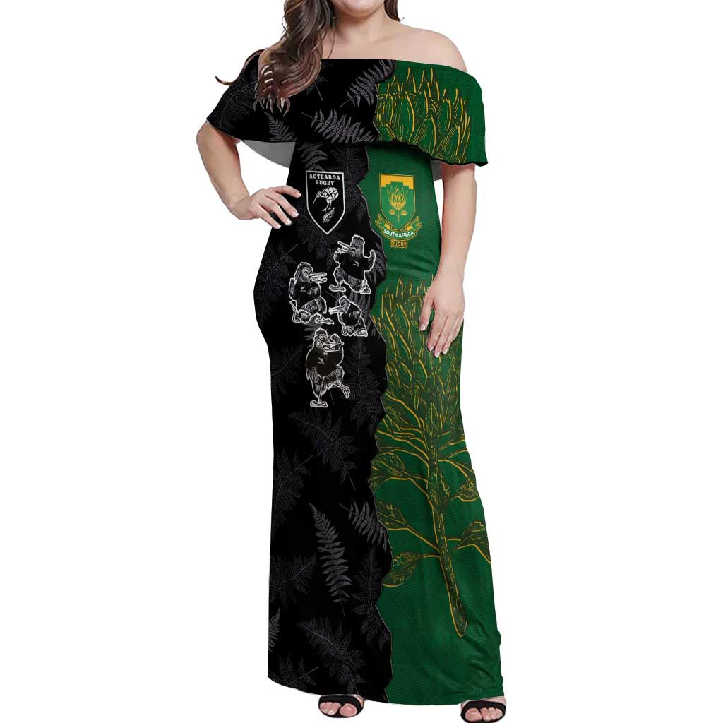 Custom Aotearoa South Africa Rugby Freedom Cup Off Shoulder Maxi Dress Kiwi Warriors Haka with King Protea Symbol - Polynesian Pride