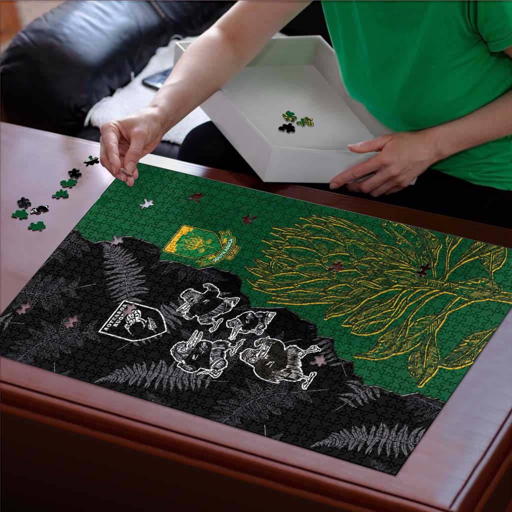 Aotearoa South Africa Rugby Freedom Cup Puzzle Kiwi Warriors Haka with King Protea Symbol - Polynesian Pride