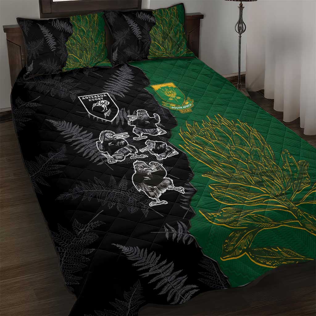 Aotearoa South Africa Rugby Freedom Cup Quilt Bed Set Kiwi Warriors Haka with King Protea Symbol - Polynesian Pride