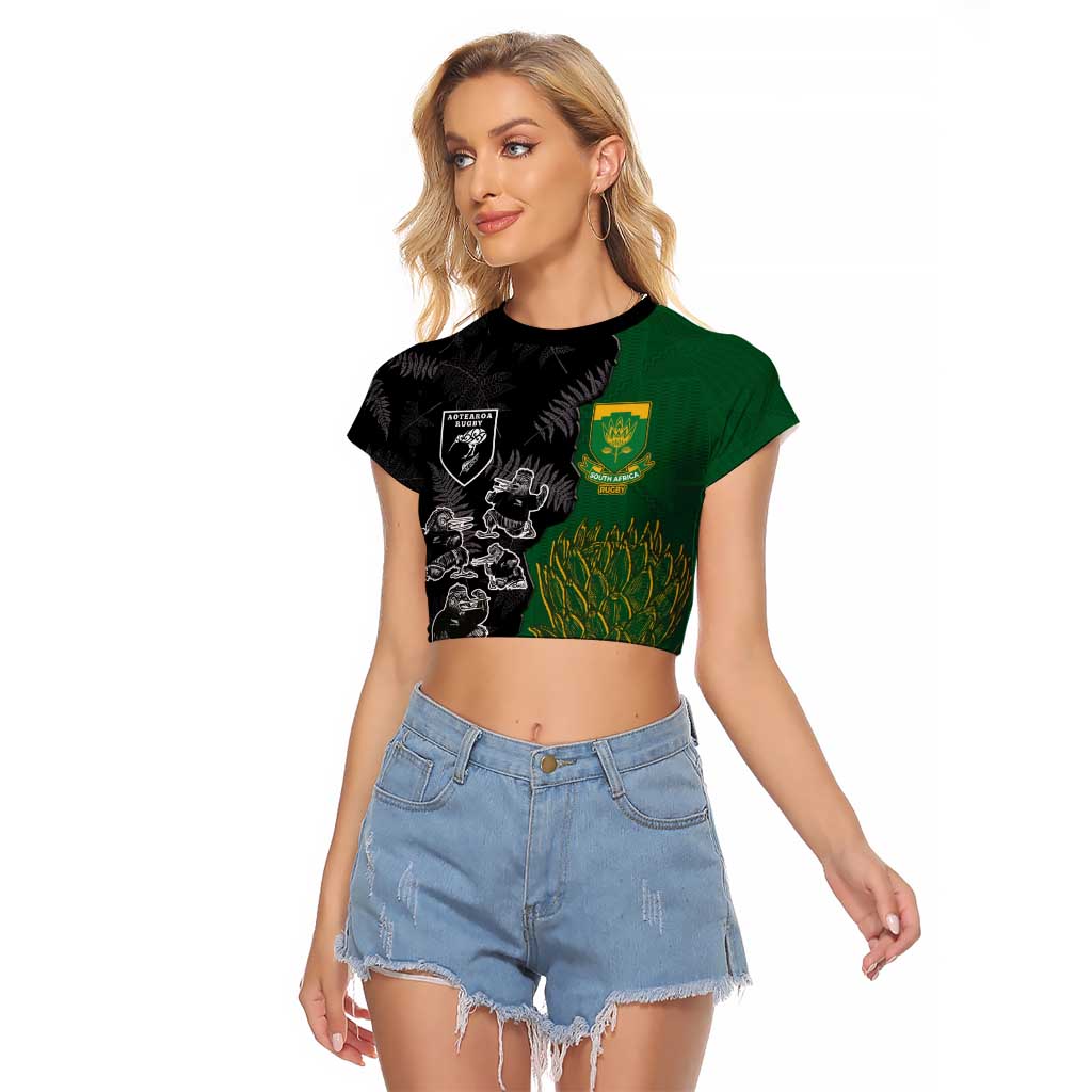 Custom Aotearoa South Africa Rugby Freedom Cup Raglan Cropped T Shirt Kiwi Warriors Haka with King Protea Symbol LT03 Female Green - Polynesian Pride
