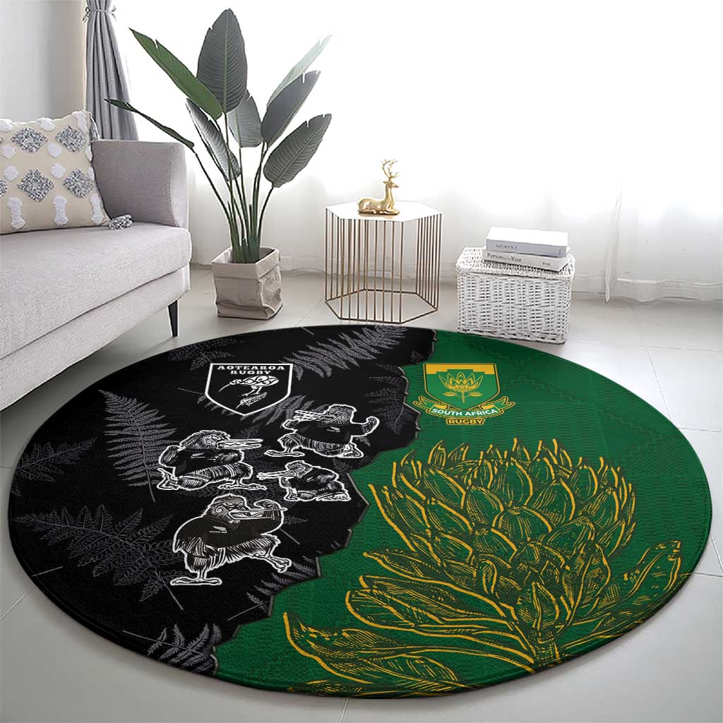 Aotearoa South Africa Rugby Freedom Cup Round Carpet Kiwi Warriors Haka with King Protea Symbol - Polynesian Pride