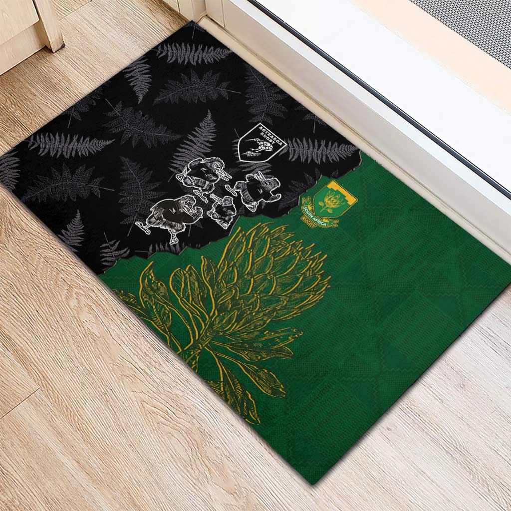 Aotearoa South Africa Rugby Freedom Cup Rubber Doormat Kiwi Warriors Haka with King Protea Symbol - Polynesian Pride