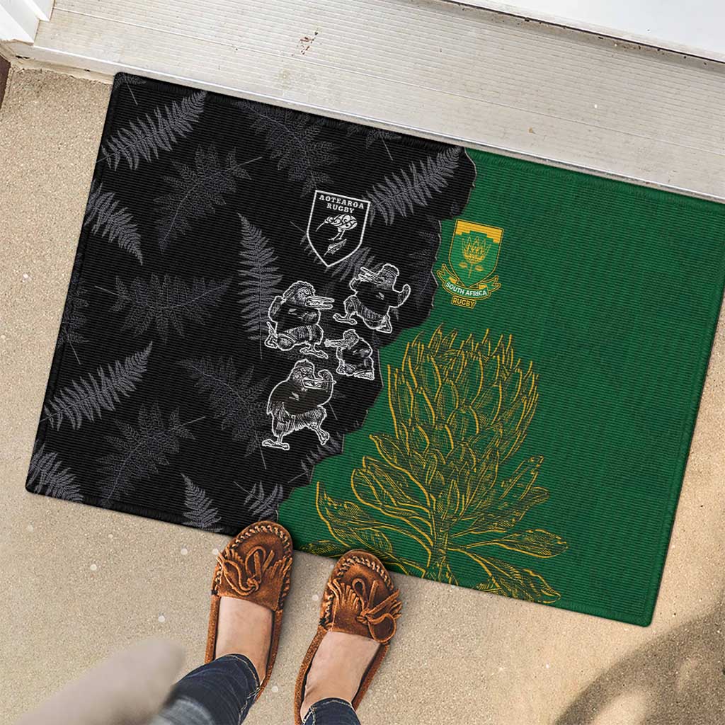 Aotearoa South Africa Rugby Freedom Cup Rubber Doormat Kiwi Warriors Haka with King Protea Symbol - Polynesian Pride