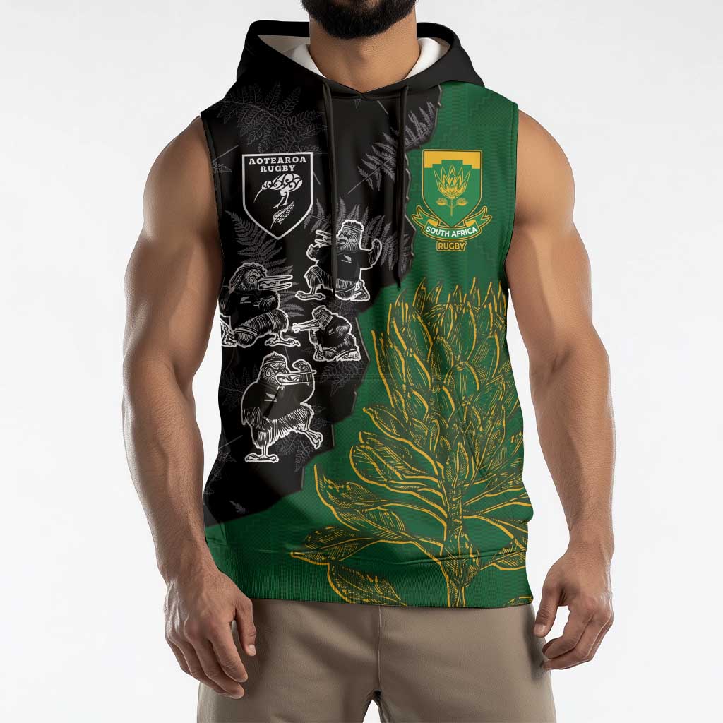 Custom Aotearoa South Africa Rugby Freedom Cup Sleeveless Hoodie Kiwi Warriors Haka with King Protea Symbol - Polynesian Pride