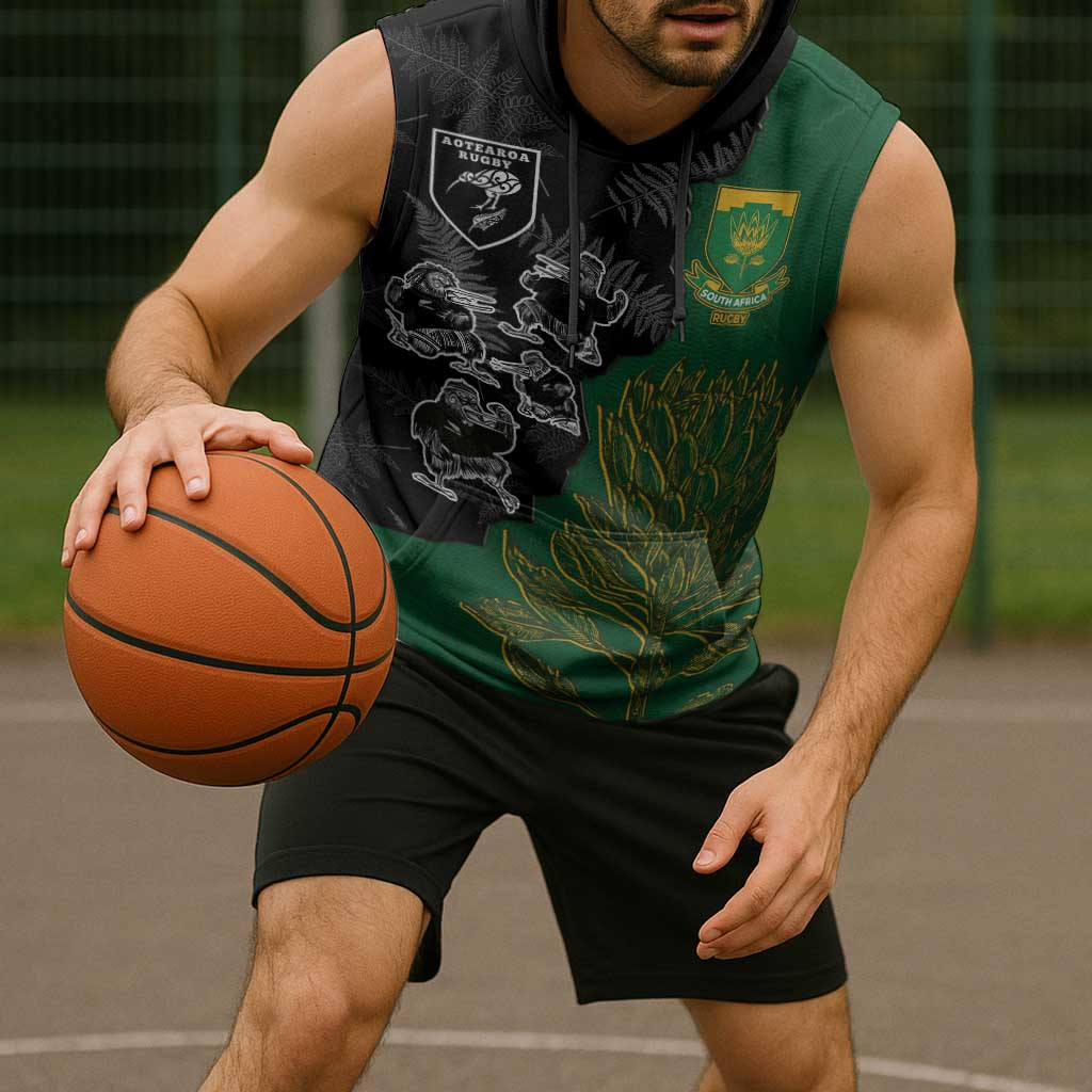 Custom Aotearoa South Africa Rugby Freedom Cup Sleeveless Hoodie Kiwi Warriors Haka with King Protea Symbol - Polynesian Pride