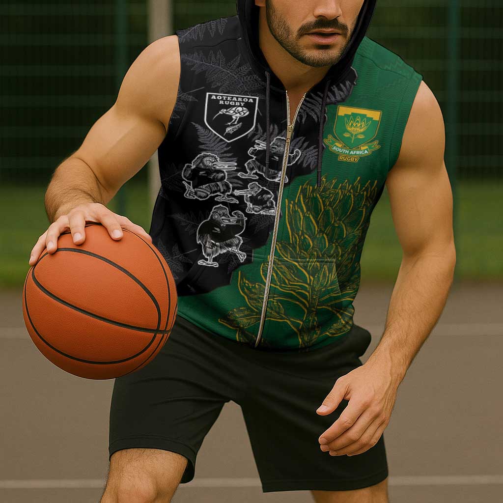 Custom Aotearoa South Africa Rugby Freedom Cup Sleeveless Zip Hoodie Kiwi Warriors Haka with King Protea Symbol - Polynesian Pride