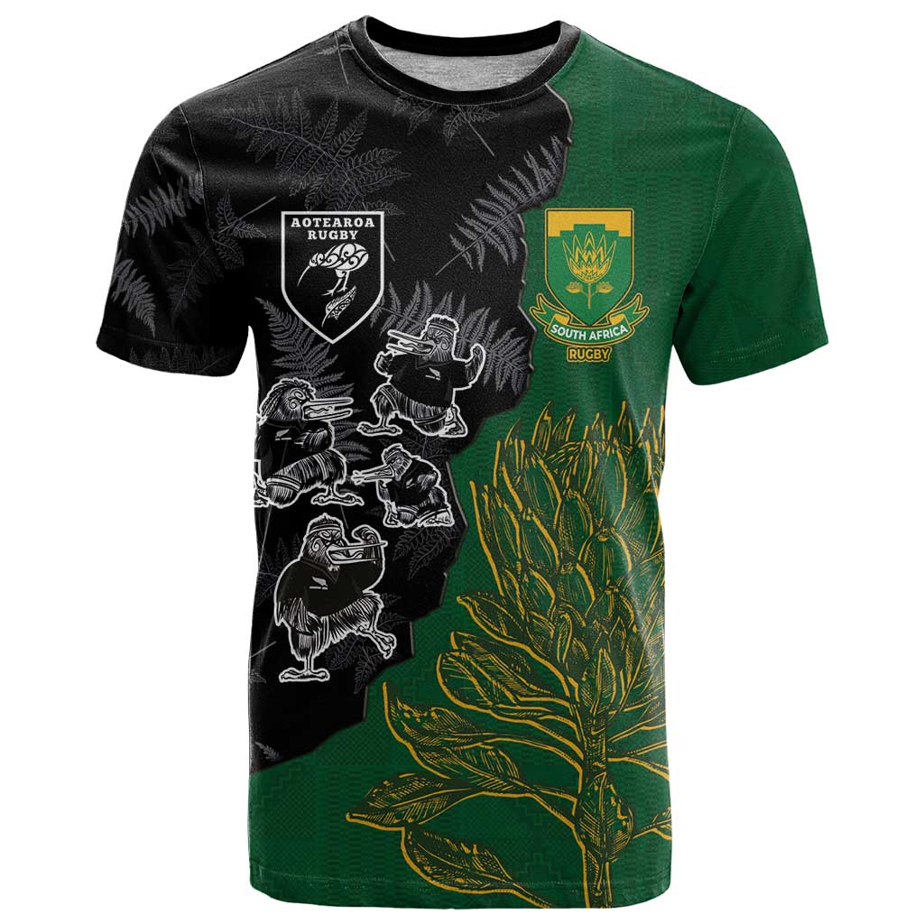 Custom Aotearoa South Africa Rugby Freedom Cup T Shirt Kiwi Warriors Haka with King Protea Symbol - Polynesian Pride
