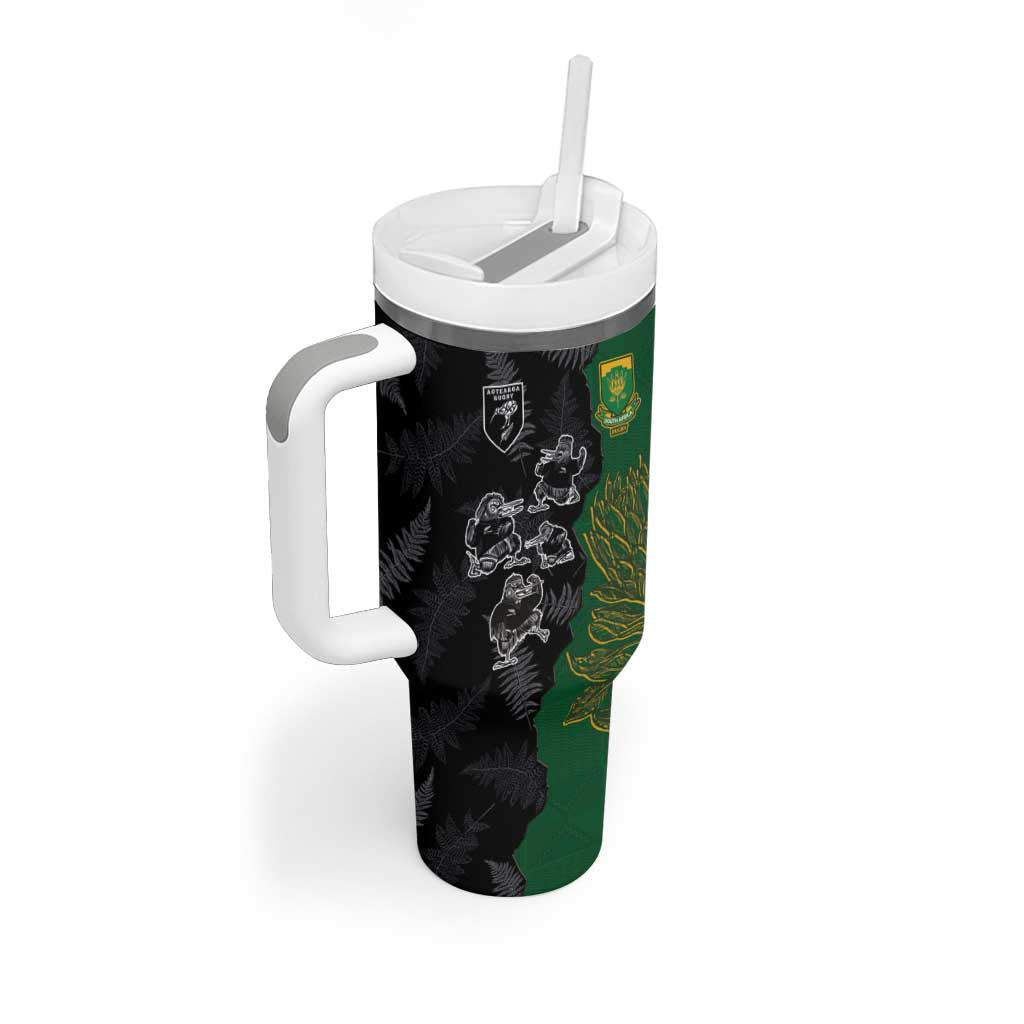 Custom Aotearoa South Africa Rugby Freedom Cup Tumbler With Handle Kiwi Warriors Haka with King Protea Symbol - Polynesian Pride