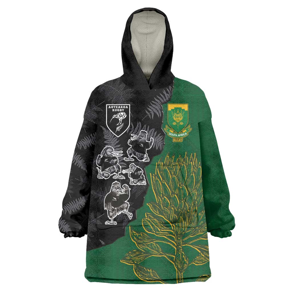 Custom Aotearoa South Africa Rugby Freedom Cup Wearable Blanket Hoodie Kiwi Warriors Haka with King Protea Symbol - Polynesian Pride