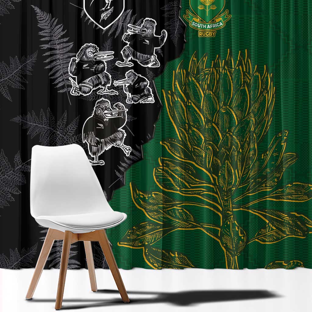Aotearoa South Africa Rugby Freedom Cup Window Curtain Kiwi Warriors Haka with King Protea Symbol - Polynesian Pride