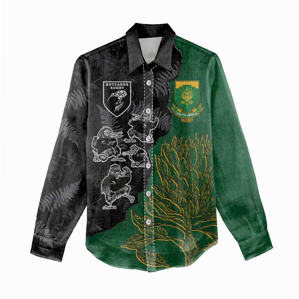 Custom Aotearoa South Africa Rugby Freedom Cup Women Casual Shirt Kiwi Warriors Haka with King Protea Symbol - Polynesian Pride