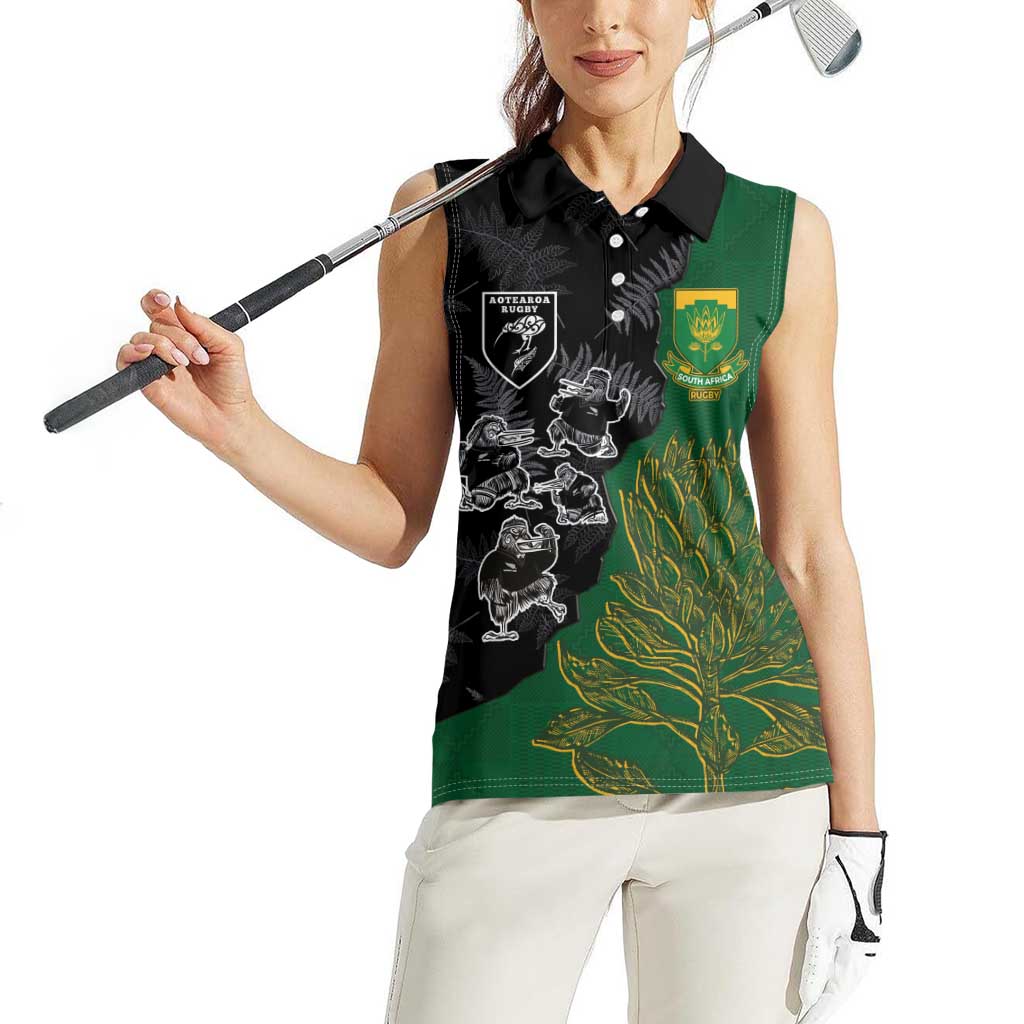 Custom Aotearoa South Africa Rugby Freedom Cup Women Sleeveless Polo Shirt Kiwi Warriors Haka with King Protea Symbol - Polynesian Pride