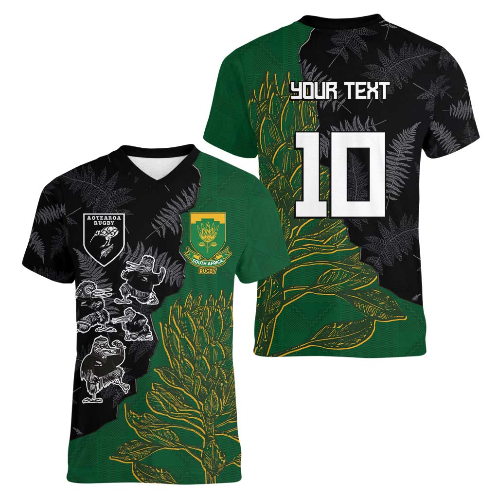 Custom Aotearoa South Africa Rugby Freedom Cup Women V-Neck T-Shirt Kiwi Warriors Haka with King Protea Symbol - Polynesian Pride