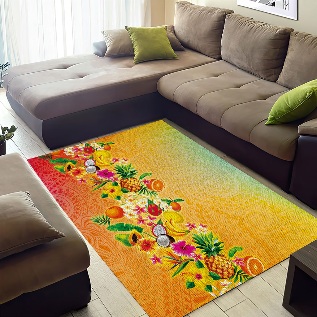 Hawaiian Tropical Fruits and Plants Area Rug Kakau Pattern Summer Vibe