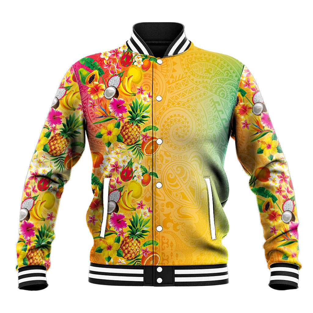 Hawaiian Tropical Fruits and Plants Baseball Jacket Kakau Pattern Summer Vibe