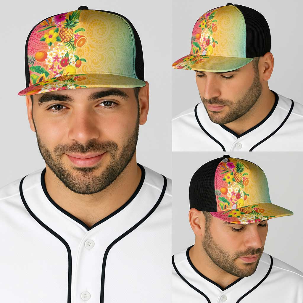 Hawaiian Tropical Fruits and Plants Baseball Net Cap Kakau Pattern Summer Vibe