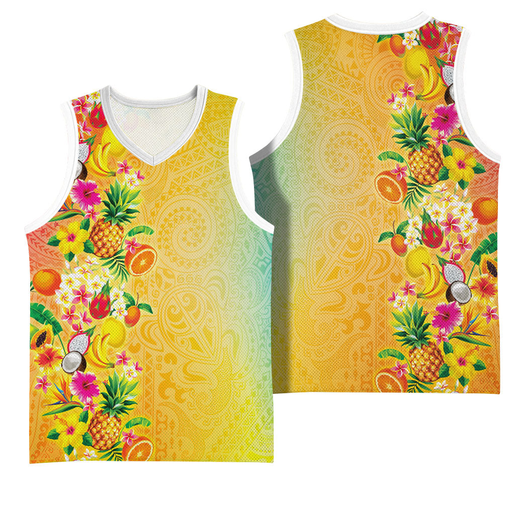 Hawaiian Tropical Fruits and Plants Basketball Jersey Kakau Pattern Summer Vibe