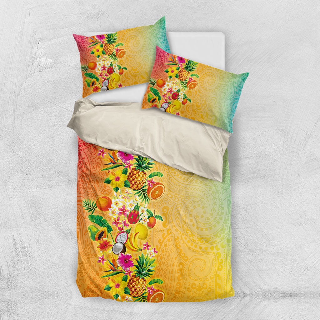 Hawaiian Tropical Fruits and Plants Bedding Set Kakau Pattern Summer Vibe