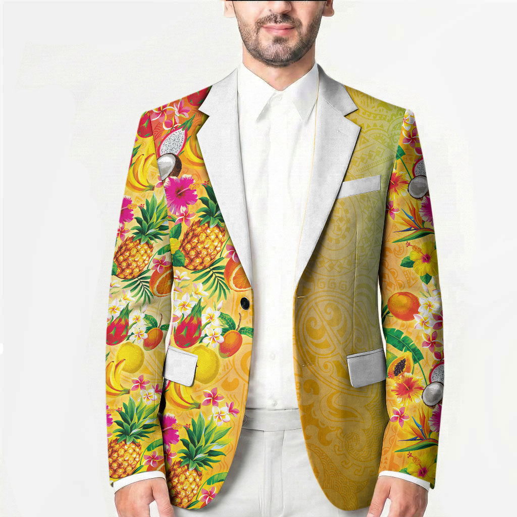 Hawaiian Tropical Fruits and Plants Blazer Kakau Pattern Summer Vibe