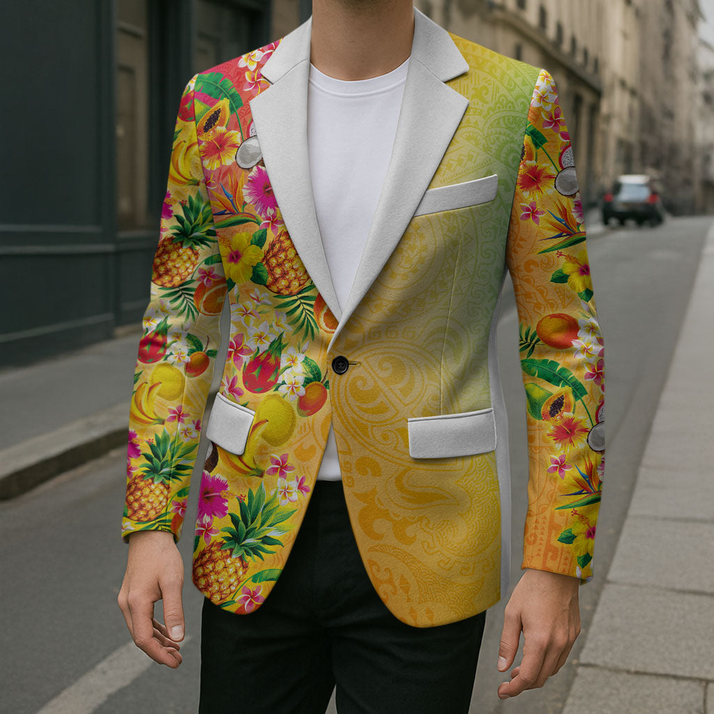 Hawaiian Tropical Fruits and Plants Blazer Kakau Pattern Summer Vibe