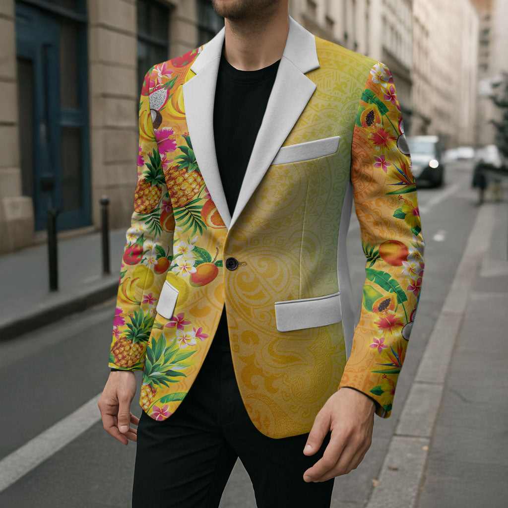 Hawaiian Tropical Fruits and Plants Blazer Kakau Pattern Summer Vibe