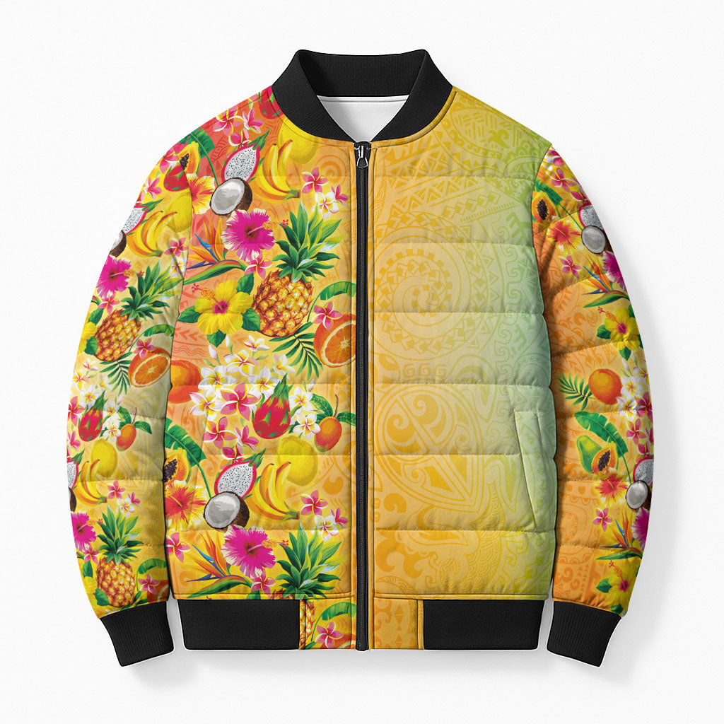 Hawaiian Tropical Fruits and Plants Bomber Puffer Jacket Kakau Pattern Summer Vibe