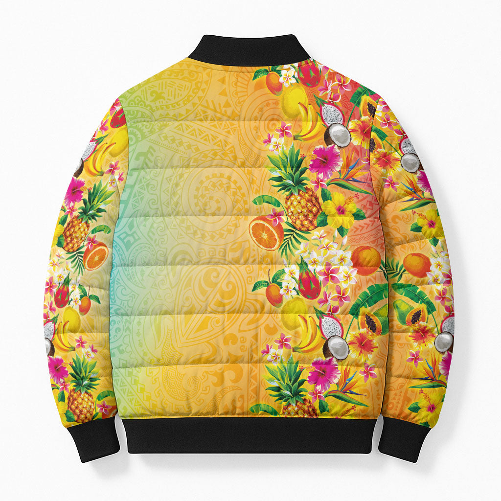 Hawaiian Tropical Fruits and Plants Bomber Puffer Jacket Kakau Pattern Summer Vibe