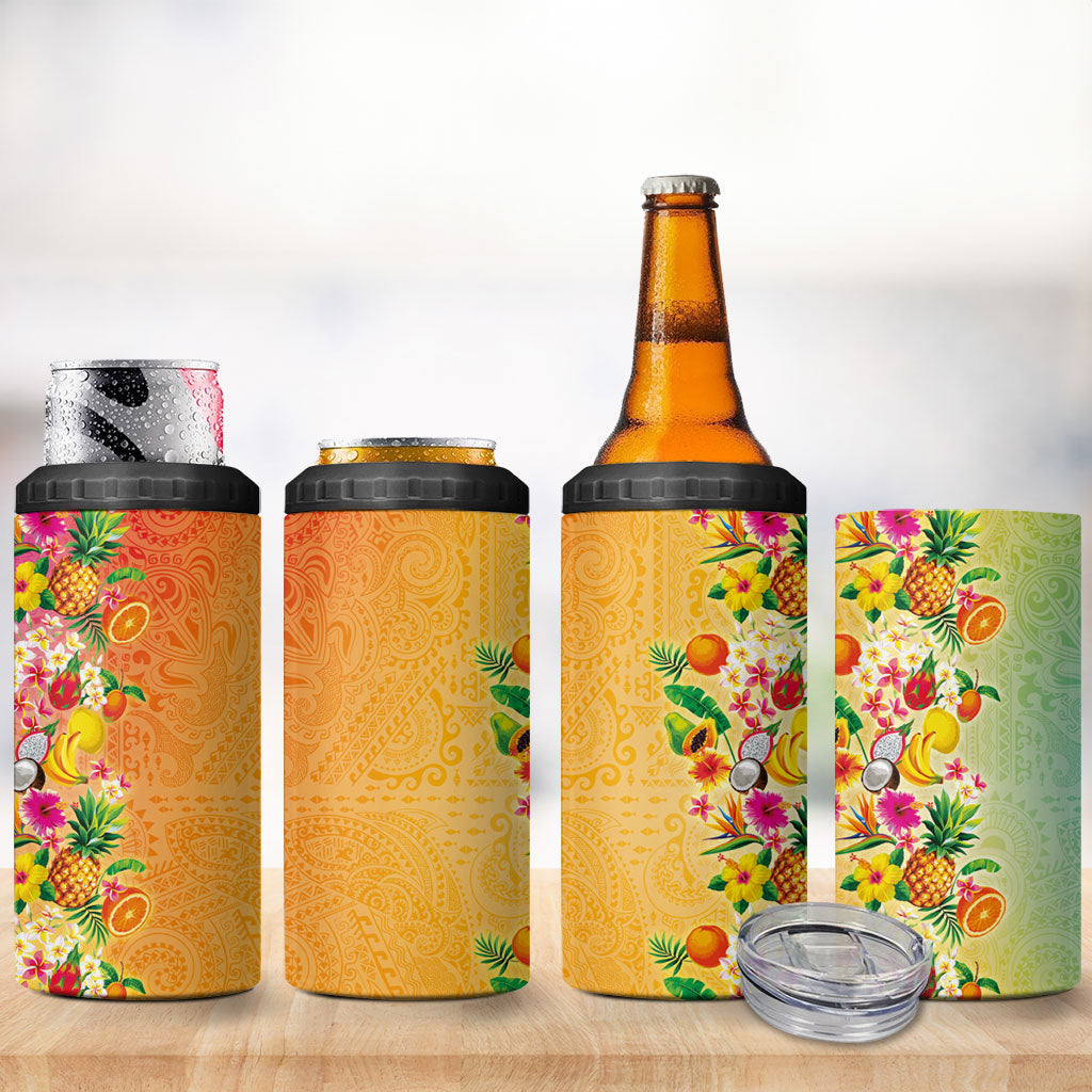 Hawaiian Tropical Fruits and Plants 4 in 1 Can Cooler Tumbler Kakau Pattern Summer Vibe