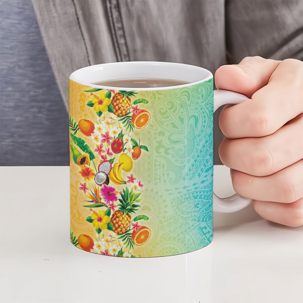 Hawaiian Tropical Fruits and Plants Ceramic Mug Kakau Pattern Summer Vibe