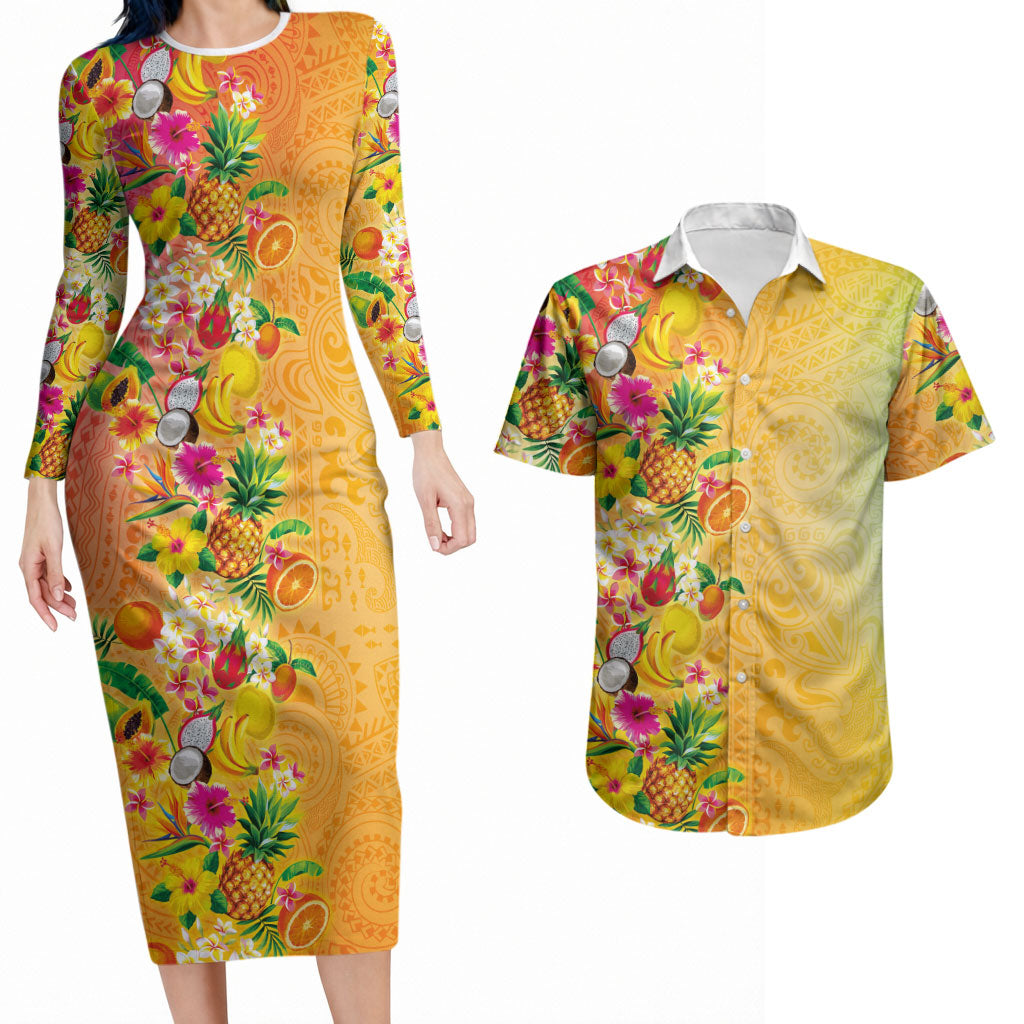 Hawaiian Tropical Fruits and Plants Couples Matching Long Sleeve Bodycon Dress and Hawaiian Shirt Kakau Pattern Summer Vibe