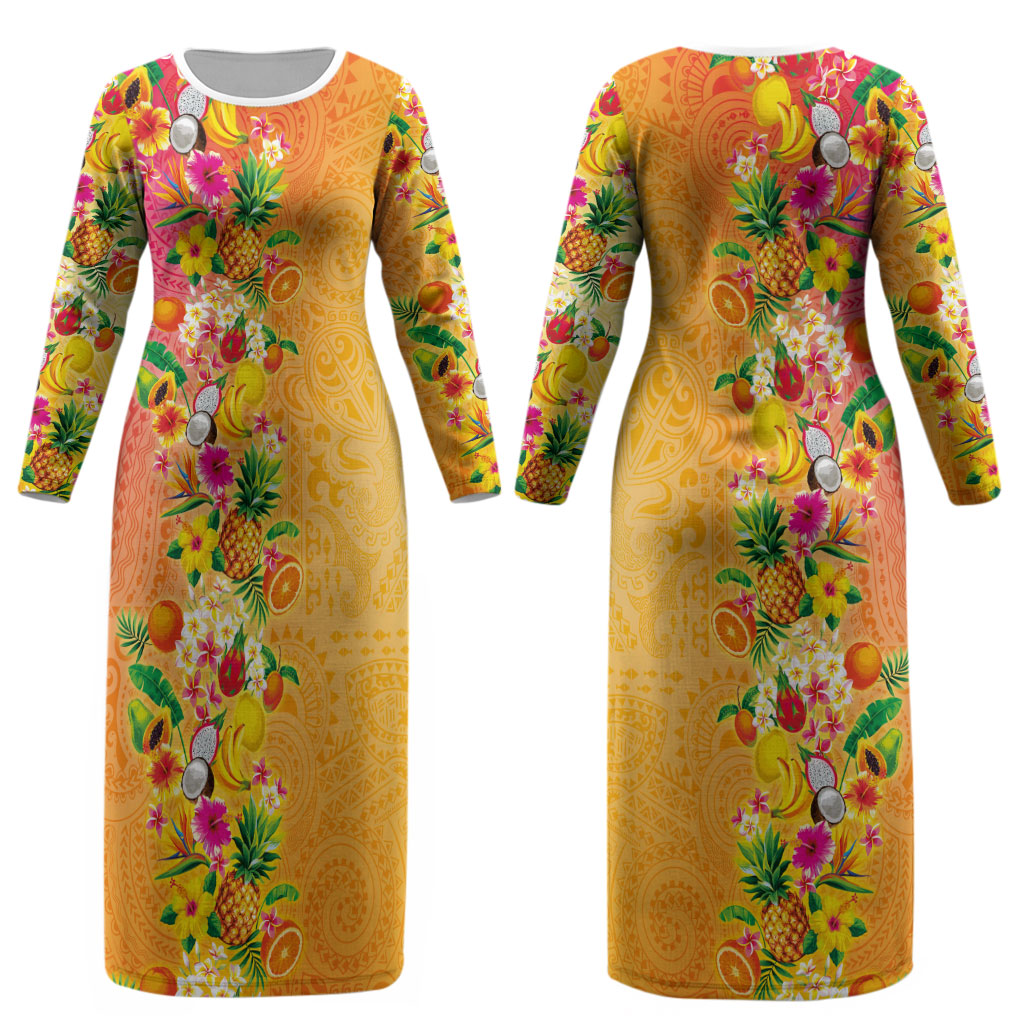 Hawaiian Tropical Fruits and Plants Couples Matching Long Sleeve Bodycon Dress and Long Sleeve Button Shirt Kakau Pattern Summer Vibe
