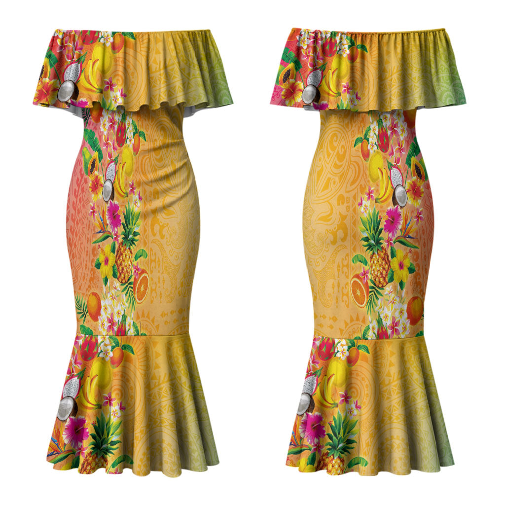 Hawaiian Tropical Fruits and Plants Couples Matching Mermaid Dress and Hawaiian Shirt Kakau Pattern Summer Vibe