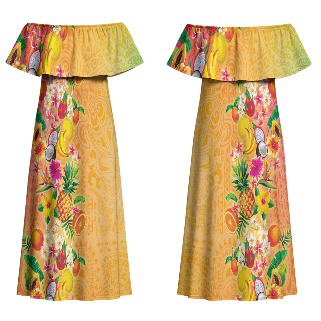 Hawaiian Tropical Fruits and Plants Couples Matching Off Shoulder Maxi Dress and Hawaiian Shirt Kakau Pattern Summer Vibe