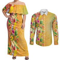 Hawaiian Tropical Fruits and Plants Couples Matching Off Shoulder Maxi Dress and Long Sleeve Button Shirt Kakau Pattern Summer Vibe