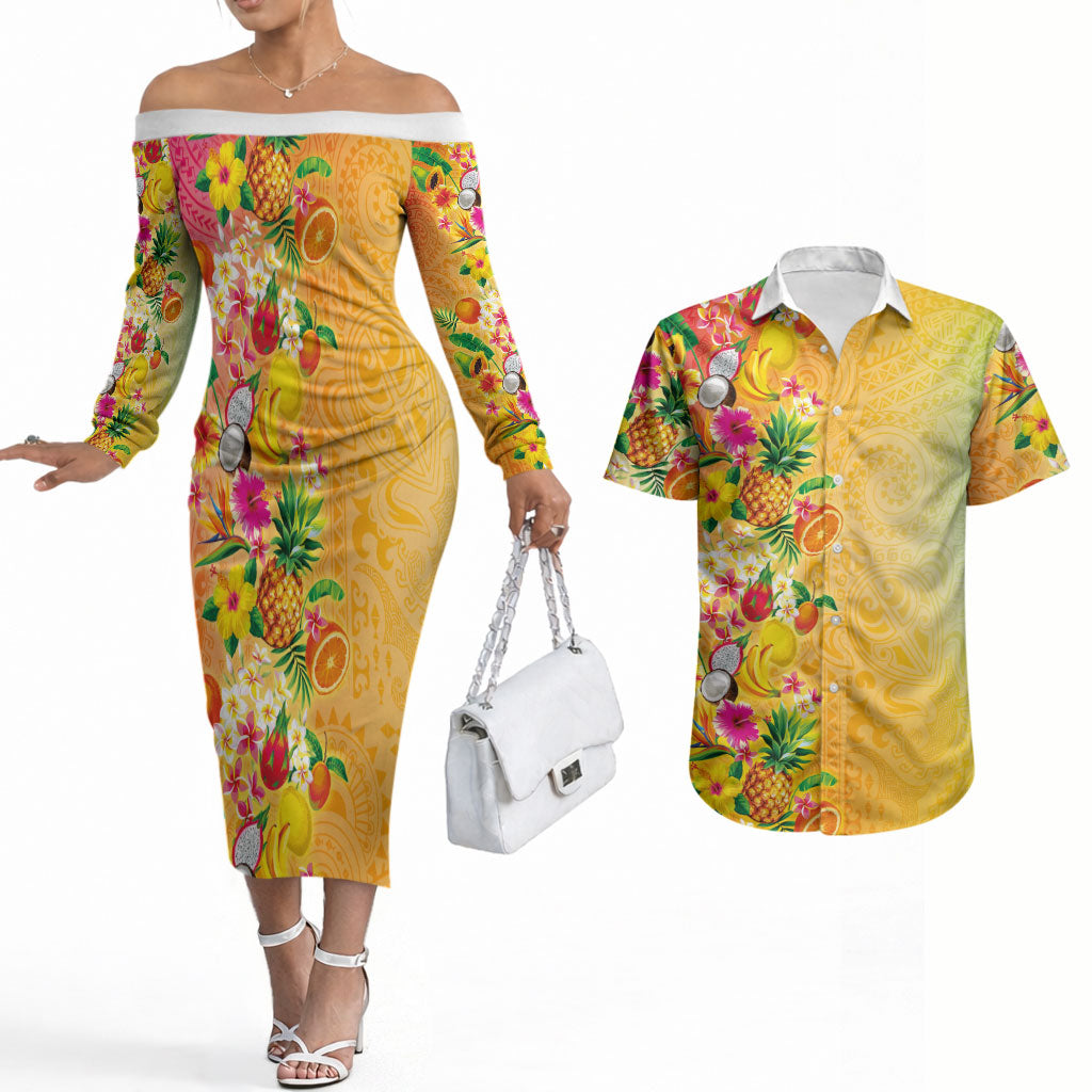 Hawaiian Tropical Fruits and Plants Couples Matching Off The Shoulder Long Sleeve Dress and Hawaiian Shirt Kakau Pattern Summer Vibe