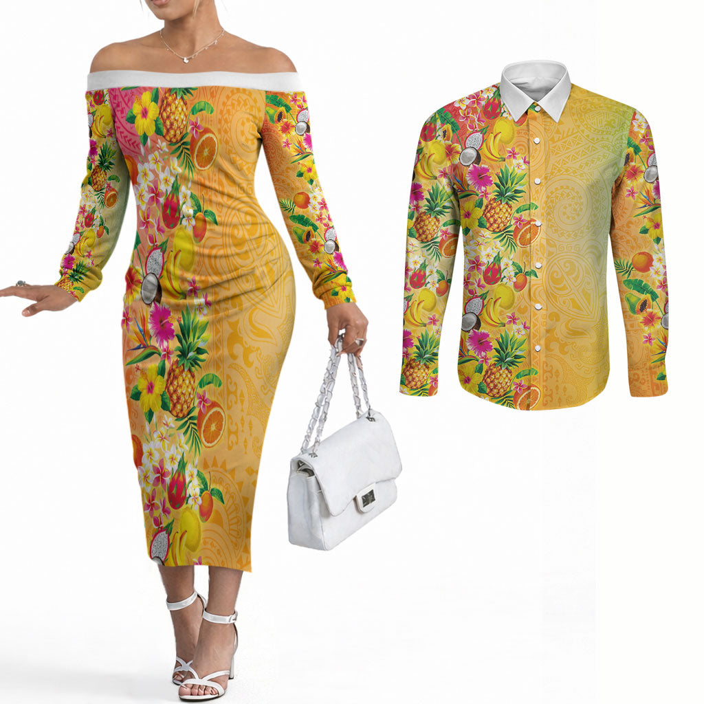 Hawaiian Tropical Fruits and Plants Couples Matching Off The Shoulder Long Sleeve Dress and Long Sleeve Button Shirt Kakau Pattern Summer Vibe