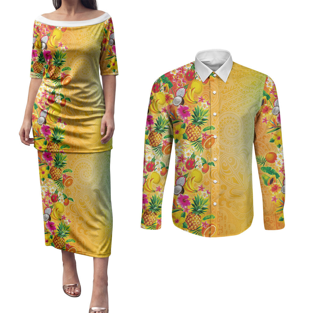 Hawaiian Tropical Fruits and Plants Couples Matching Puletasi and Long Sleeve Button Shirt Kakau Pattern Summer Vibe