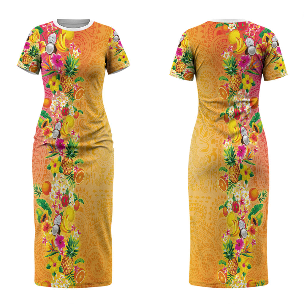 Hawaiian Tropical Fruits and Plants Couples Matching Short Sleeve Bodycon Dress and Hawaiian Shirt Kakau Pattern Summer Vibe